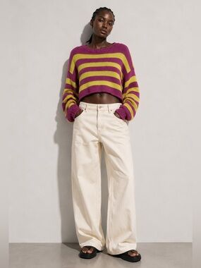 ZARA Cropped Striped Knit Sweater – Pink & Yellow – Size M